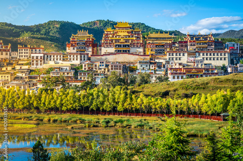 Fotografia Songzanlin monastery and green nature at sunset and blue sky Shangri-La Yunnan C