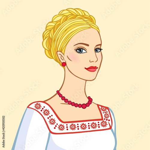 Portrait of the white woman with an ancient hairstyle