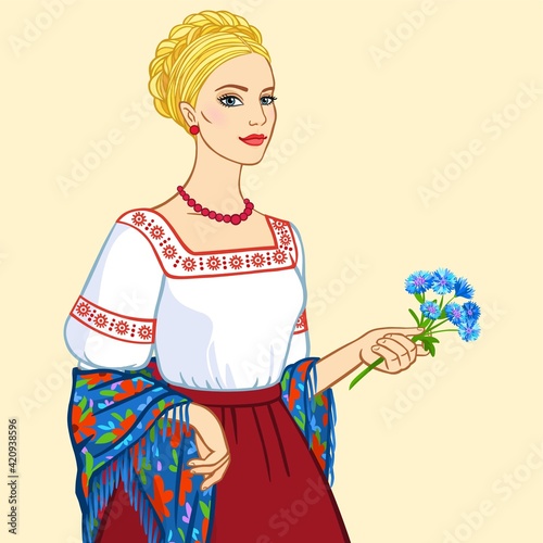 Woman of Slavic appearance in ancient clothes, a portrait isolated on a beige background