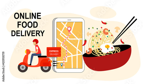 Online food delivery service vector illustration. Fast food, grab food, Uber eat design template for landing page, web, poster. Delivery man driving scooter with smartphone and noodle in flat design.