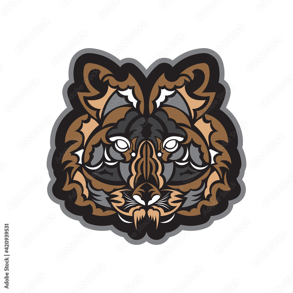 Color Print Polynesian style tiger face. For textiles, postcards, tattoos or T-shirts. Vector