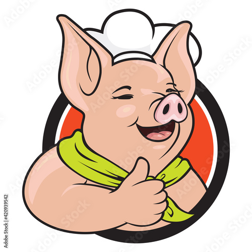 Cartoon pig chef gives thumb up logo. 