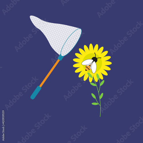 A landing net for catching butterflies or insects. Bee or wasp on a flower. Hobby, entertainment or leisure concept. Botanical study of nature and the environment. Vector illustration.