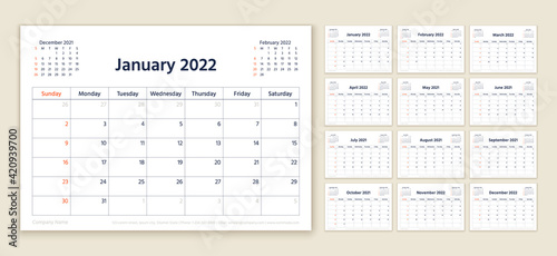 Calendar 2022 year. Planner template. Week starts Sunday. Vector. Yearly stationery organizer. Calender layout. Table schedule grid. Horizontal monthly diary with 12 month. Simple illustration.