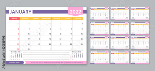 Planner 2022 year. Calendar template. Week starts Sunday. Vector. Yearly stationery organizer. Table schedule grid. Calender layout. Horizontal monthly diary with 12 month. Simple color illustration.