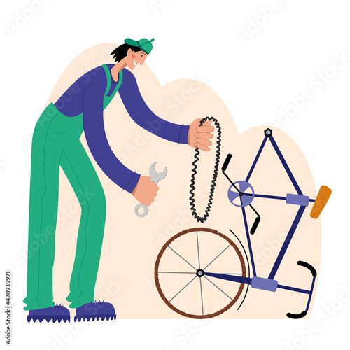 Bicycle repair. The mechanic repairs the bicycle. Web graphics, banners, advertisements, business templates. 
