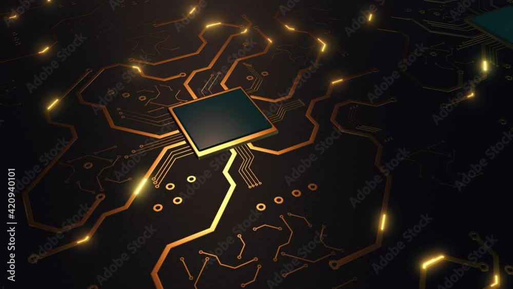 Concept of data transmission, computer communication. Digital information travels. Technology background processor circuit. Virtual hi tech animation closeup.