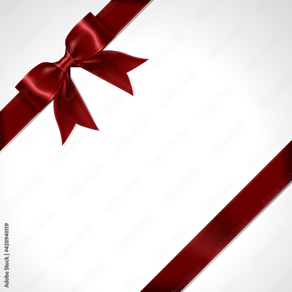 Tilted Red Maroon Gift Ribbon Bow Vector. Illustration of Tilted Greeting Red Maroon Present Wrapping Ribbon and Bow on White Background.