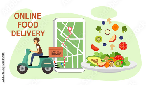 Online food delivery service vector illustration. Grab food, Uber eat design template for landing page, web, poster. Delivery man driving scooter with smartphone and salad healthy dish in flat design.