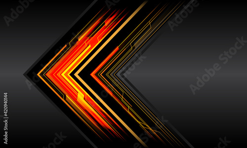 Abstract red yellow black arrow line circuit light cyber geometric technology futuristic on dark grey metallic direction design modern background vector illustration.