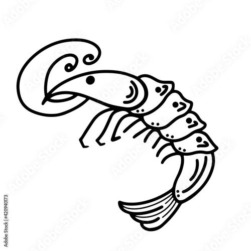 Shrimp vector icon. Seafood element. The isolated object on a white background. Simple illustration, doodle