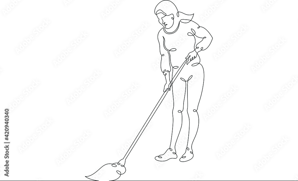 Cleaning of premises with a mop with a broom, wet cleaning. Man is cleaning the house. One continuous drawing line  logo single hand drawn art doodle isolated minimal illustration.