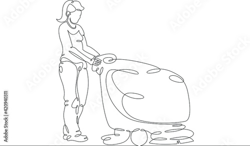 Room cleaning scrubber dryer, wet cleaning. Woman is cleaning the house. One continuous drawing line  logo single hand drawn art doodle isolated minimal illustration.