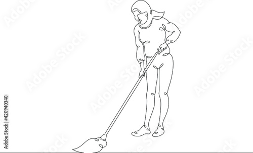 Cleaning of premises with a mop with a broom, wet cleaning. Man is cleaning the house. One continuous drawing line  logo single hand drawn art doodle isolated minimal illustration.