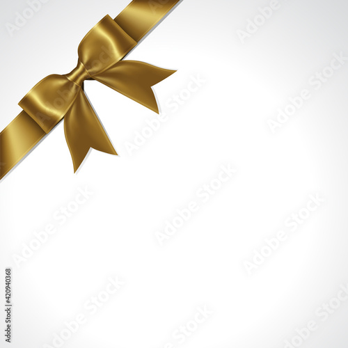 Tilted Gold Gift Ribbon Bow Vector. Illustration of Tilted Greeting Gold Present Wrapping Ribbon and Bow on White Background.