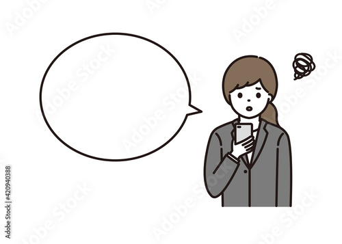 スマートフォンの操作で困っているスーツ姿の若い女性 吹き出し