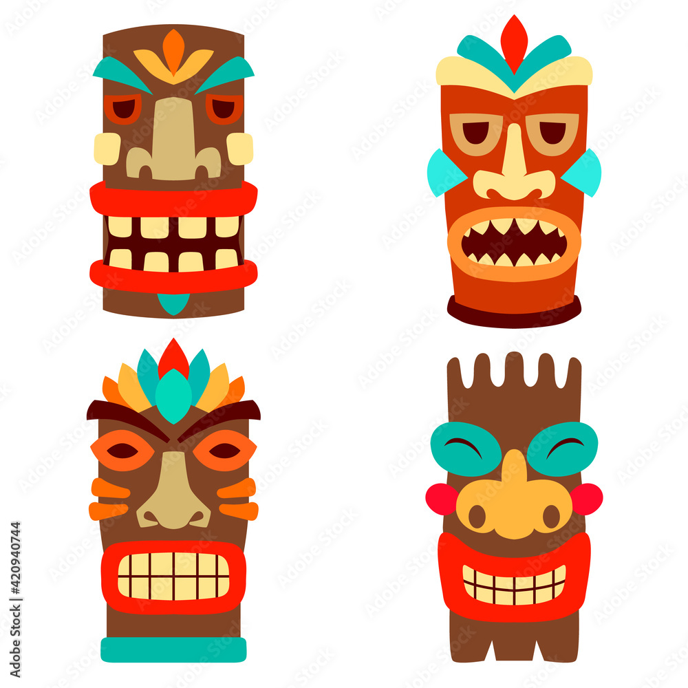 Set of illustrations of tiki masks in flat style isolated on white ...