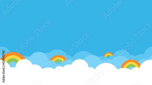 Colorful rainbow with white cloud and bright blue sky bottom border seamless pattern.
