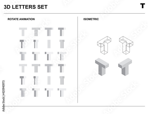 3d T Alphabet Letters Set Animate Isometric Wireframe Vector