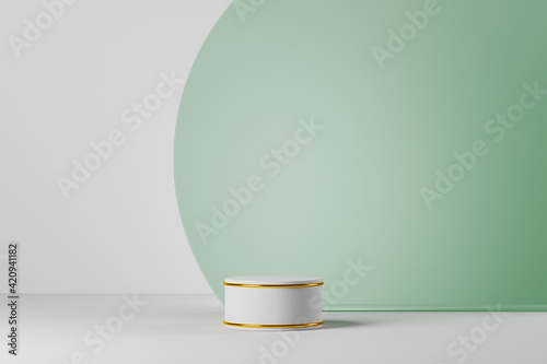 The white podium in front of green circle backdrop in the scene, minimal mockup for for branding and product presentation.