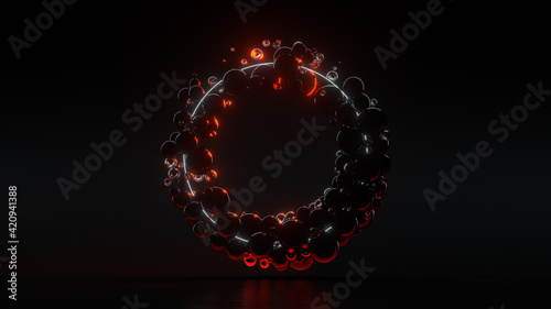 Glowing ring and black spheres 3D render