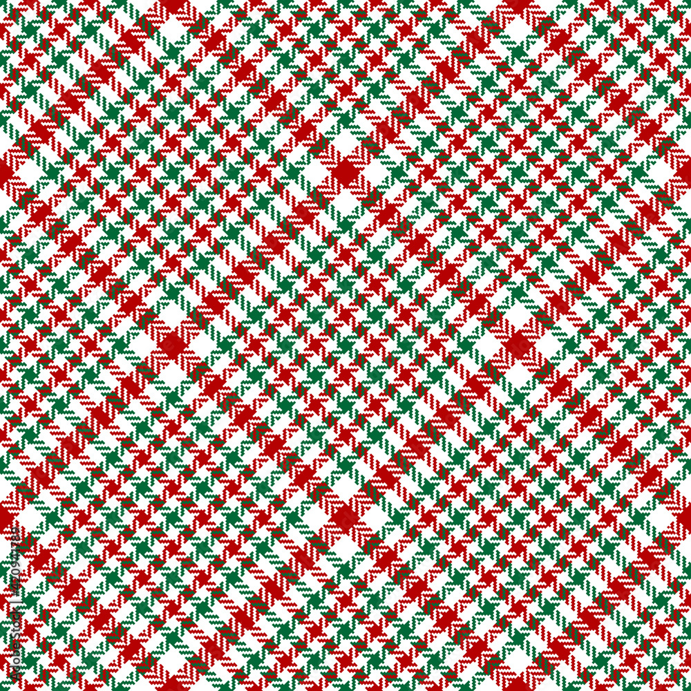 Tweed plaid pattern Christmas in red, green, white. Seamless abstract bright herringbone check plaid graphic texture for coat, skirt, jacket, other modern winter holiday fashion fabric print.