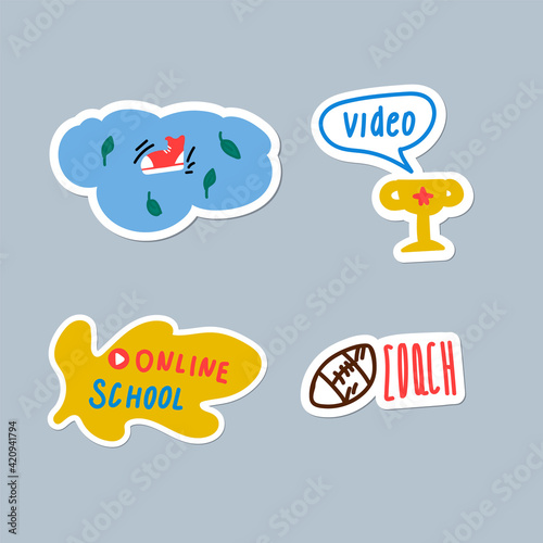 A set of online learning stickers. Hand-drawn vector illustrations with Inscriptions of online schools and their motivation. For teaching students online. Vector illustration
