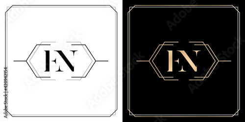 EN initial letter and graphic name, EN Monogram with hexagonal frames and border, for Wedding couple name, with two colors variation designs gold and monochrome with isolated black white backgrounds