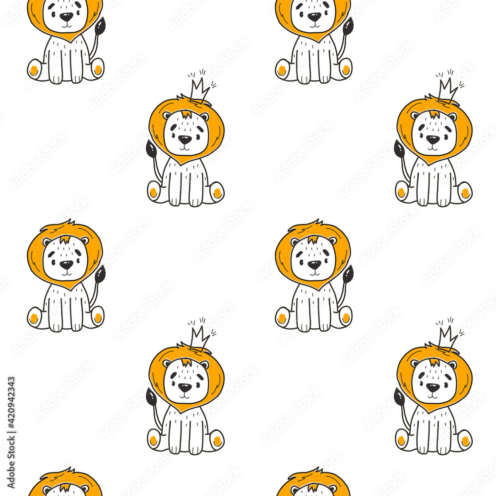 Cute seamless pattern with little lion cub, a crown, vector print for kids t-shirt and wear, baby room, greeting card. Hand drawn illustration. The illustration has transparent areas. Cute seamless pattern with little lion cub, a crown, vector print for kids t-shirt and wear, baby room, greeting card. Hand drawn illustration. The illustration has transparent areas.