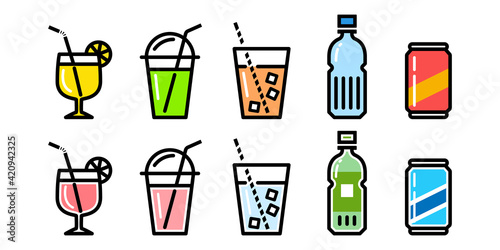 飲み物お茶, 水, ジュース, ペットボトルのベクターイラストアイコンセット