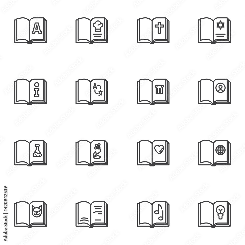 Science books collection line icons set Science books collection line icons set