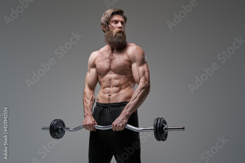 Athletic man with huge biceps holding barbell in gray background