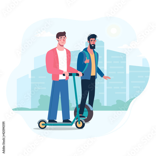 A couple of gay men in love ride a modern electric gyroboard and scooter. Alternative environmentally friendly transport, healthy lifestyle. Friends walk around the city. Vector, flat style