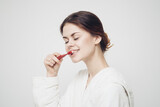 cheerful woman in robe toothbrush morning dental care