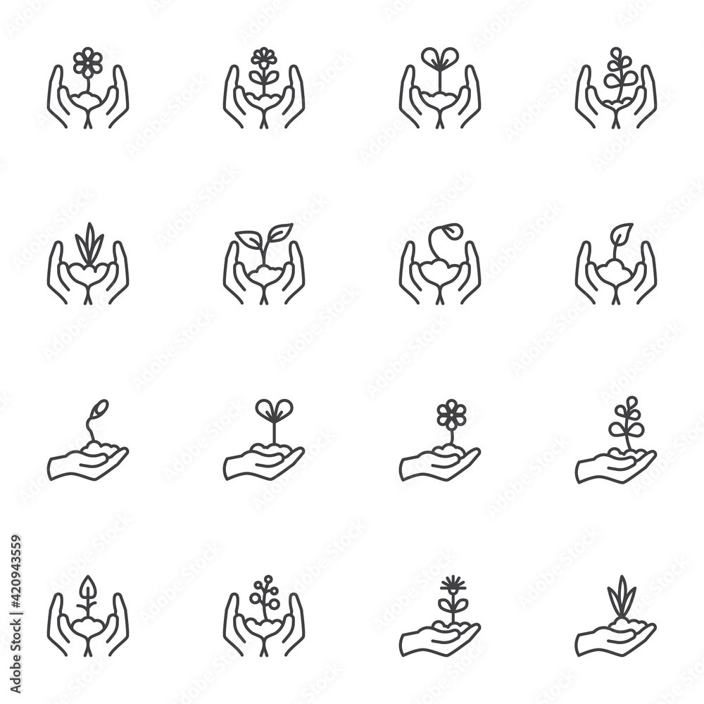 Hands with growing plants line icons set