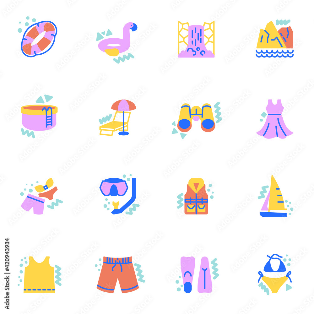 Summer travel equipment flat icons set