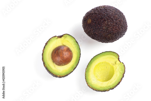 Half avocado fruits isolated on white background.top view,flat lay.