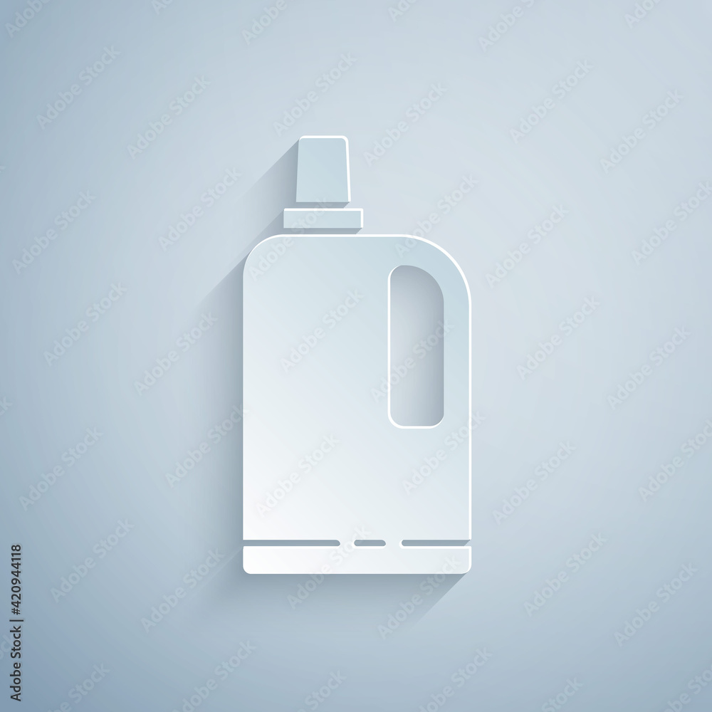 Paper cut Fabric softener icon isolated on grey background. Liquid laundry detergent, conditioner, cleaning agent, bleach. Paper art style. Vector Illustration Paper cut Fabric softener icon isolated on grey background. Liquid laundry detergent, conditioner, cleaning agent, bleach. Paper art style. Vector Illustration
