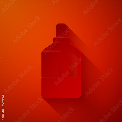 Paper cut Fabric softener icon isolated on red background. Liquid laundry detergent, conditioner, cleaning agent, bleach. Paper art style. Vector Illustration