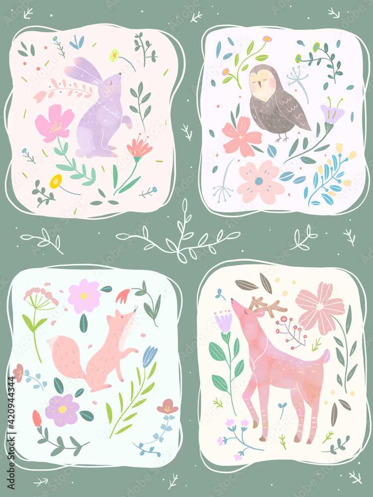 かわいい春の北欧風草花と動物のイラスト素材 Stock イラスト Adobe Stock