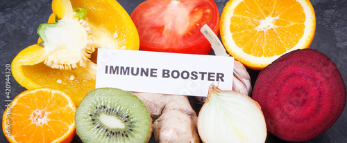 Inscription immune booster with fruits and vegetables. Source vitamins, minerals and dietary fiber