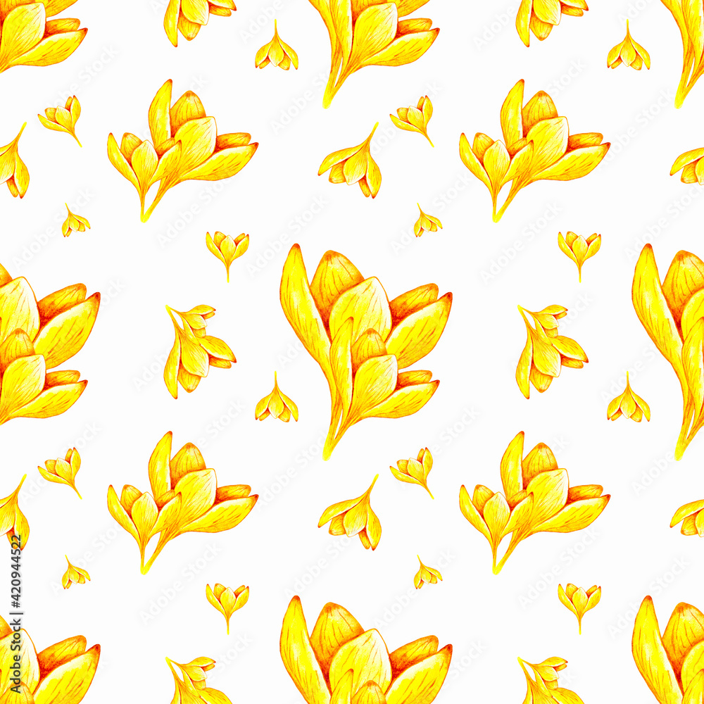 Hand drawn watercolor seamless floral pattern with yellow orange ochre crocus saffron flowers 3017