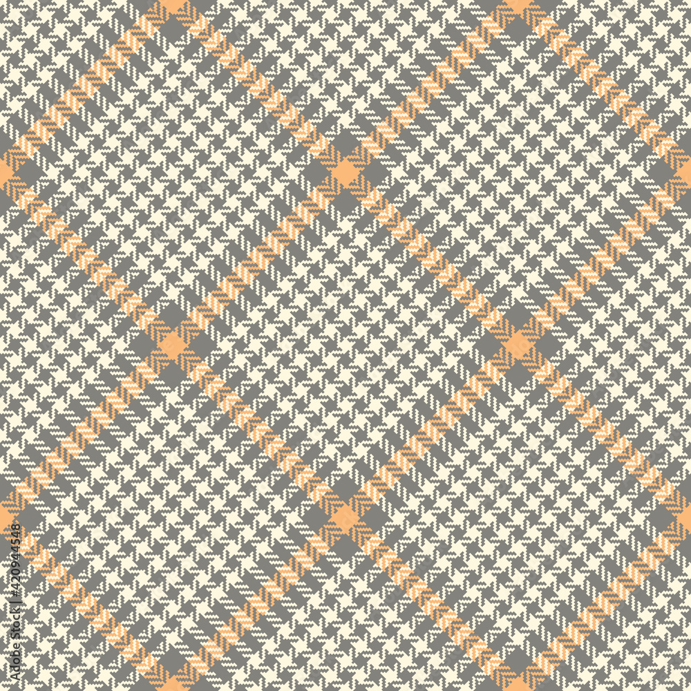 Abstract pattern tweed plaid in grey, orange, off white for textile design. Seamless herringbone textured glen check graphic for jacket, coat, skirt, other spring autumn winter fashion fabric print.