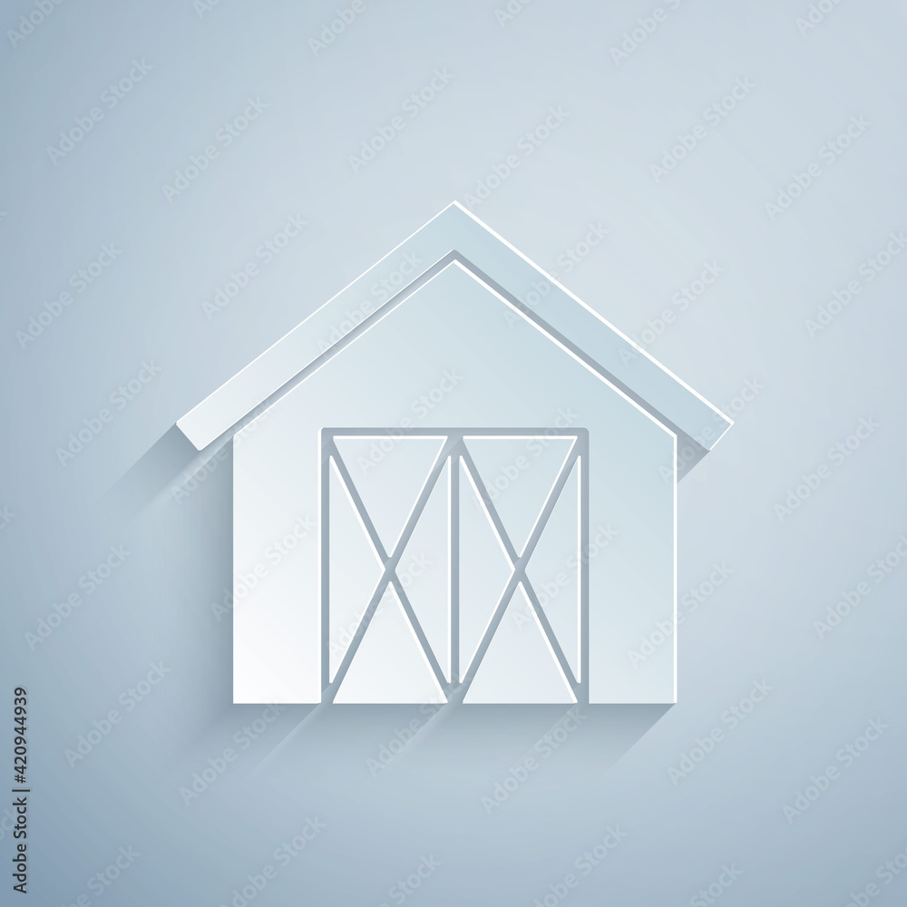 Paper cut Farm house icon isolated on grey background. Paper art style. Vector Paper cut Farm house icon isolated on grey background. Paper art style. Vector
