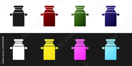 Set Can container for milk icon isolated on black and white background. Vector