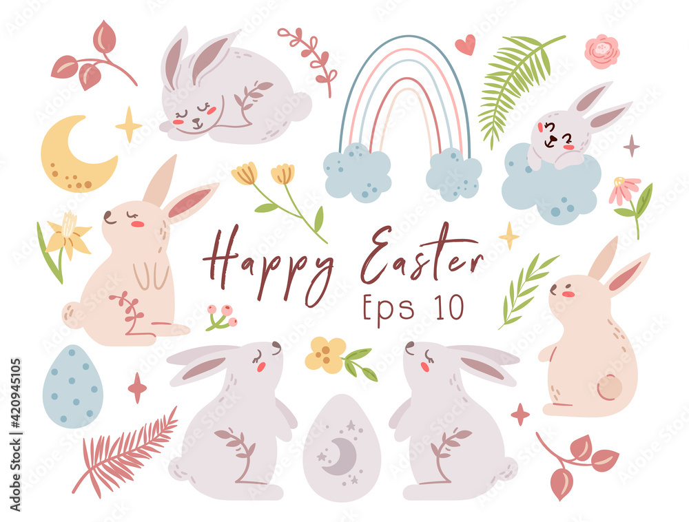 Easter rabbit or bunny kids pastel vector bundle