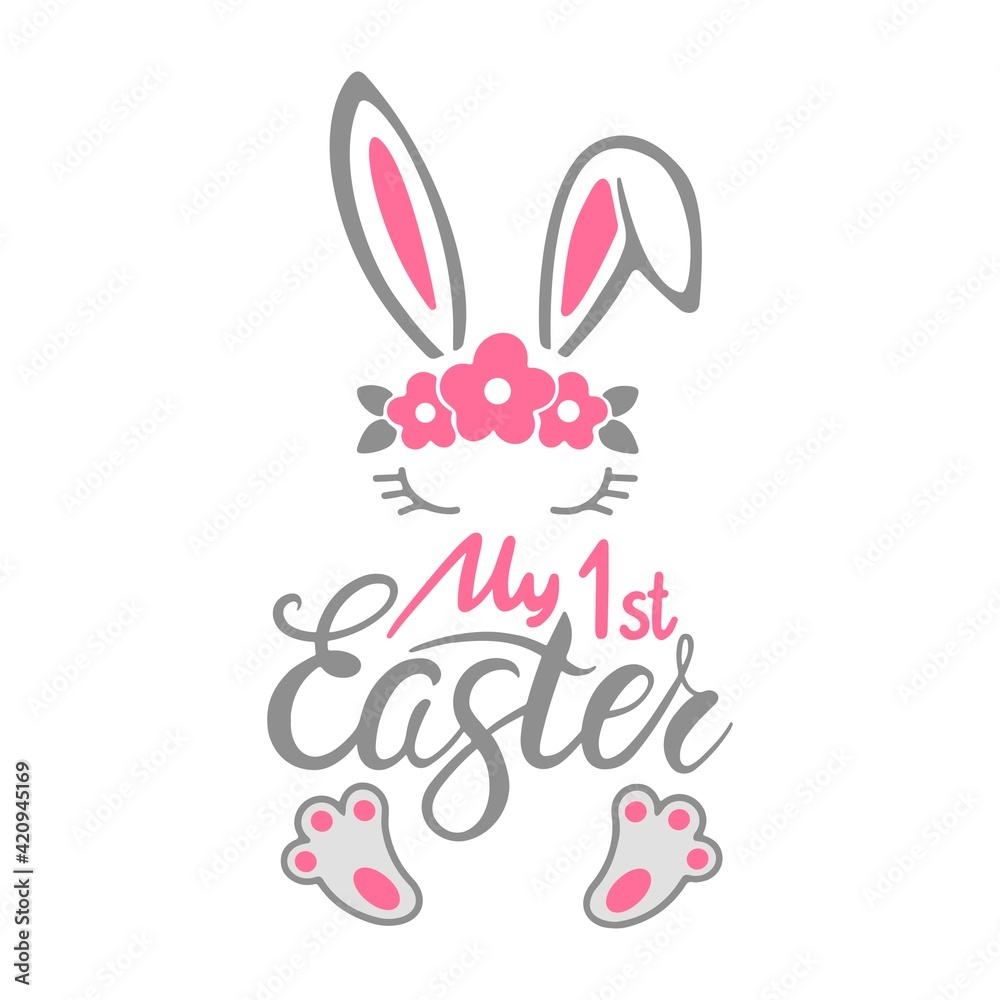 My first Easter quote with Bunny baby girl isolated on white background. Easter bunny icons. Vector flat illustration. Design for textile, greeting card, print. My first Easter quote with Bunny baby girl isolated on white background. Easter bunny icons. Vector flat illustration. Design for textile, greeting card, print.