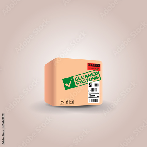 shipping package with green stamp  cleared customs. import-export international shipment passed verification. vector illustration