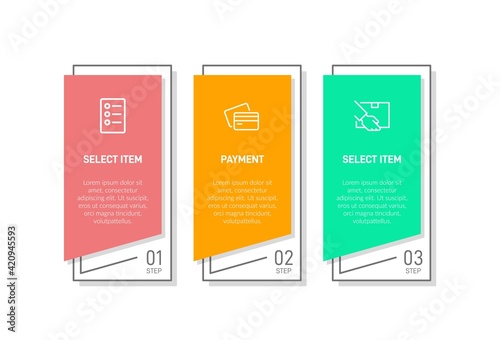 Concept of shopping process with 3 successive steps. Three colorful graphic elements. Timeline design for brochure, presentation, web site. Infographic design layout.