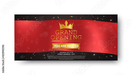 Grand opening card design with gold ribbon and confetti